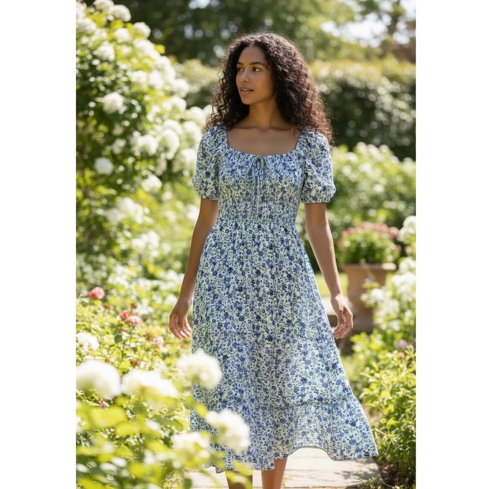 Hint of Blush Blue Floral Smocked Tiered Midi Dress Puff Sleeve Cottagecore Boho